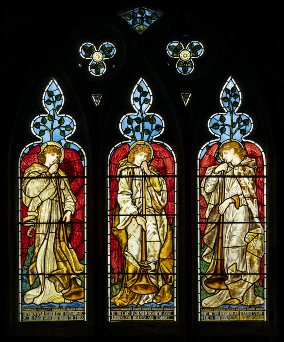 St.Edwards-Cheddleton-2 three-panel stained glass window with saints