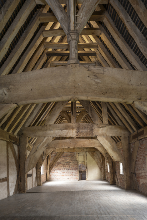 Mevesyn Ridware Old Hall-2 medieval barn with large oak roof trusses
