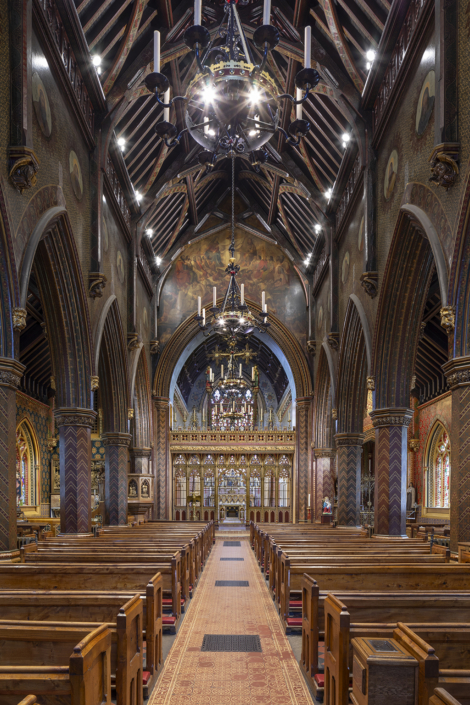 St.Giles RC – Cheadle-1 centre of church interior looking down nave with painted plasterwork